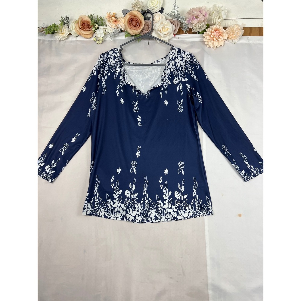 Navy Blue White Floral Border Print Long Sleeve Tunic Blouse Medium